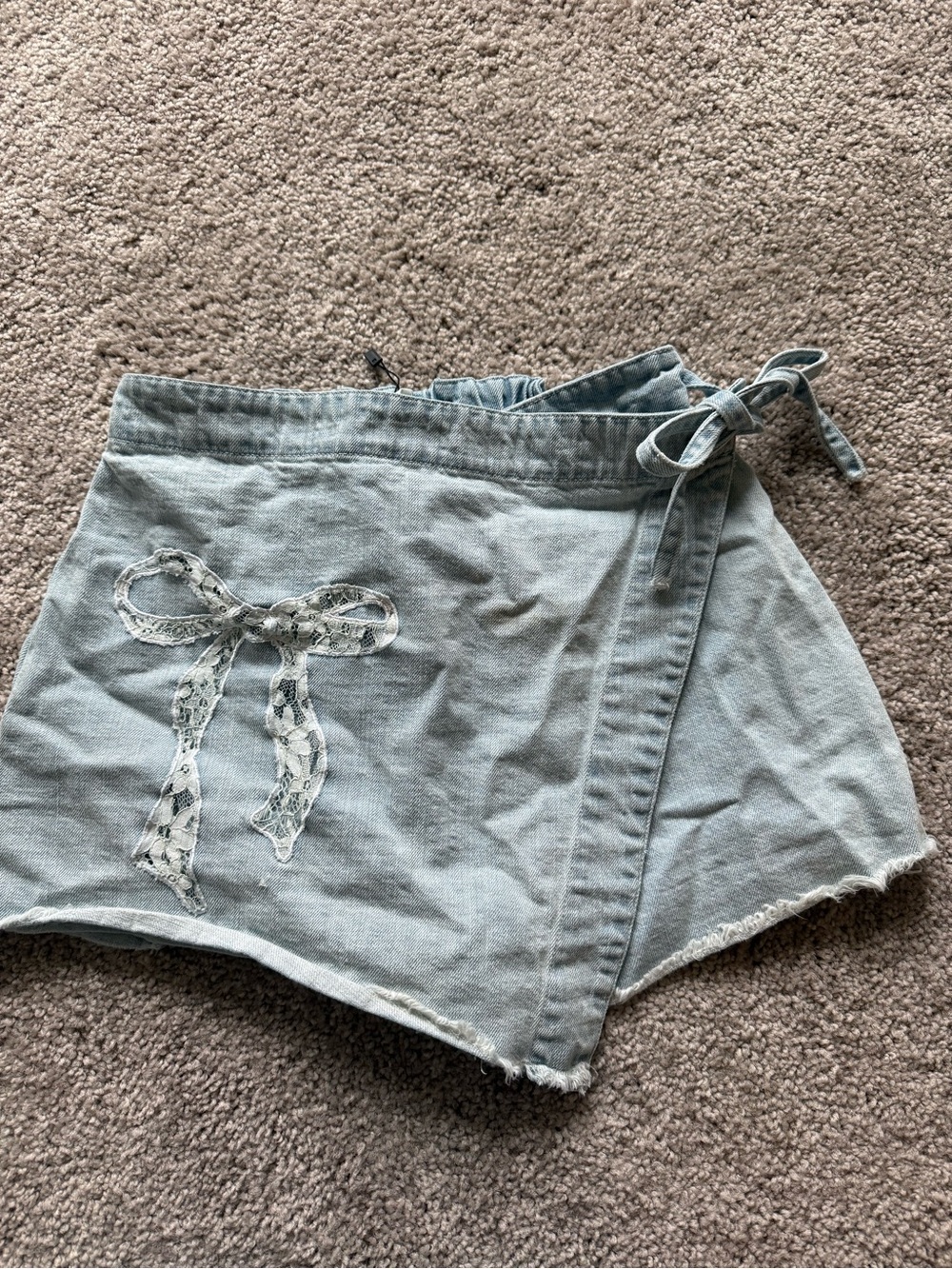 Light Wash Denim Wrap Skort with Lace Bow Detail